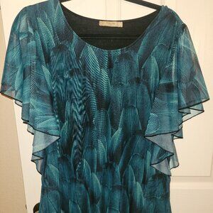Womens Cestyle Teal Sheer Chiffon Blouse Sz L , Feather pattern, Flutter Sleeves